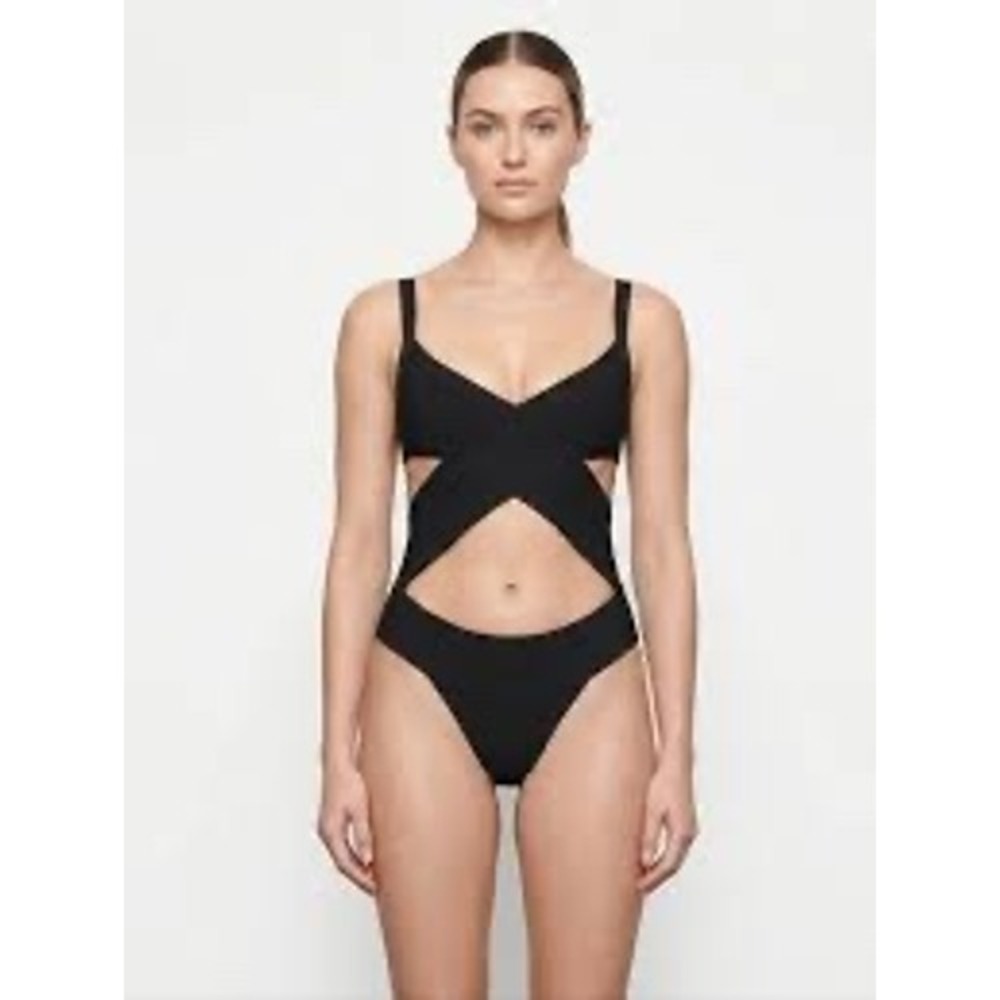 SKIMS Knit Swim Monokini Onyx Black Ribbed Cutout One Piece Sz M NWT